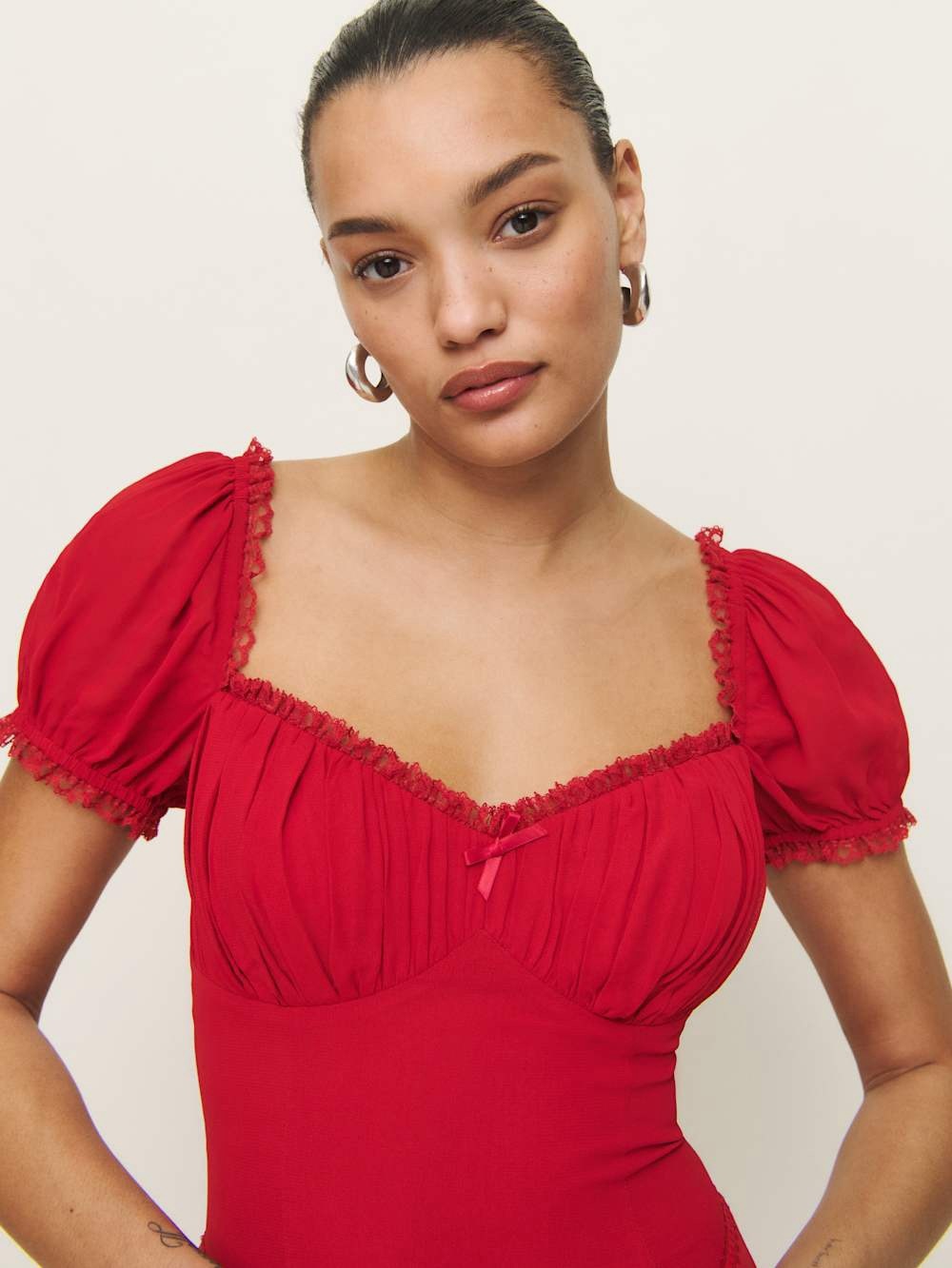 Red Puff-Sleeve Sweetheart Dress